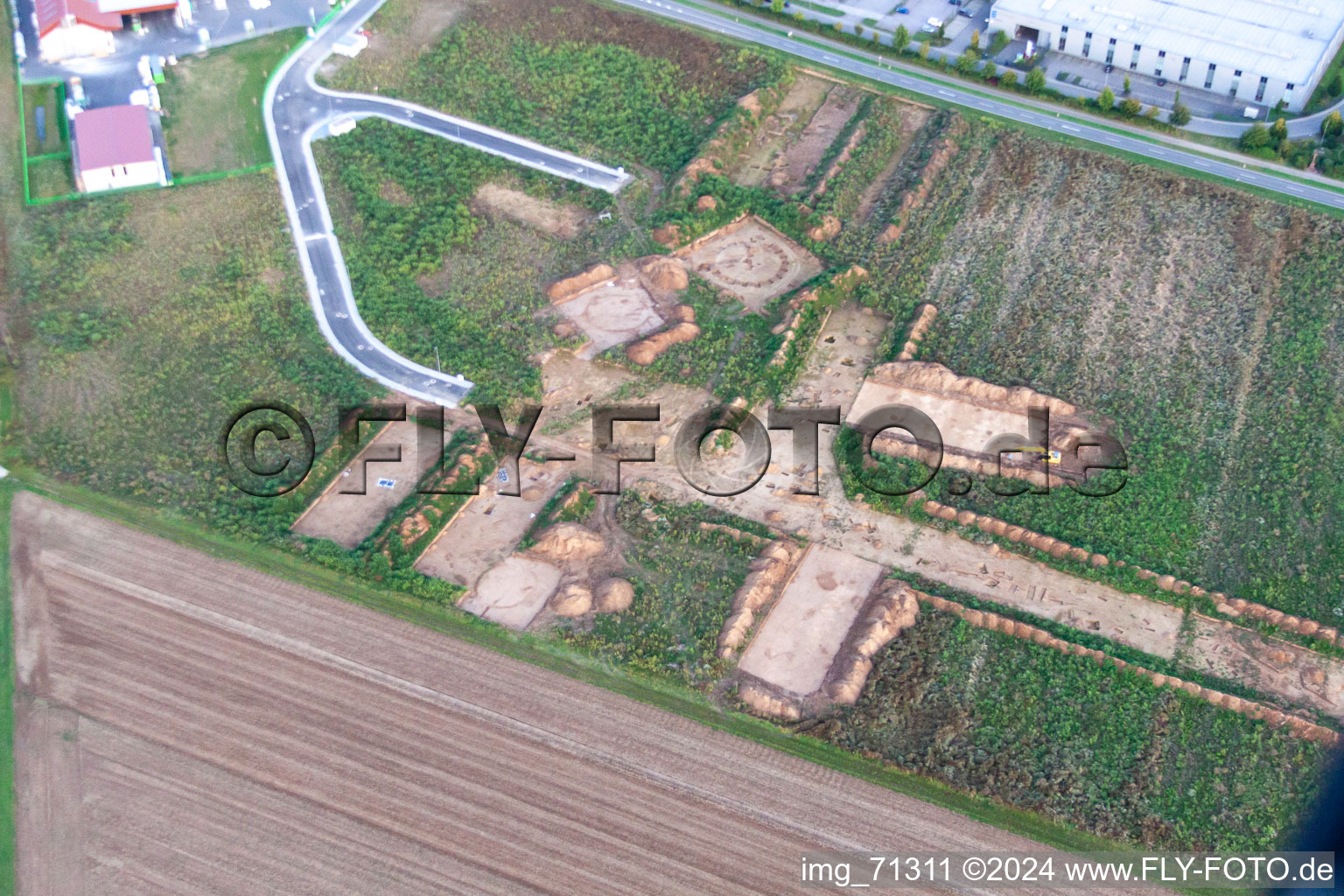 Herxheim, archaeological excavation at the new industrial area NW in Herxheim bei Landau in the state Rhineland-Palatinate, Germany out of the air