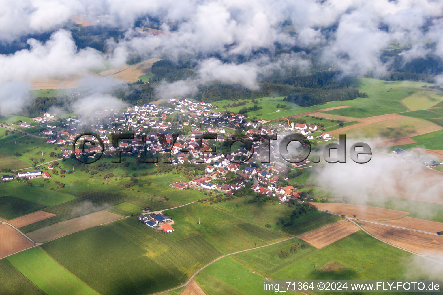 Town View of the streets and houses of the residential areas in the district Hattingen under low clouds in Immendingen in the state Baden-Wurttemberg