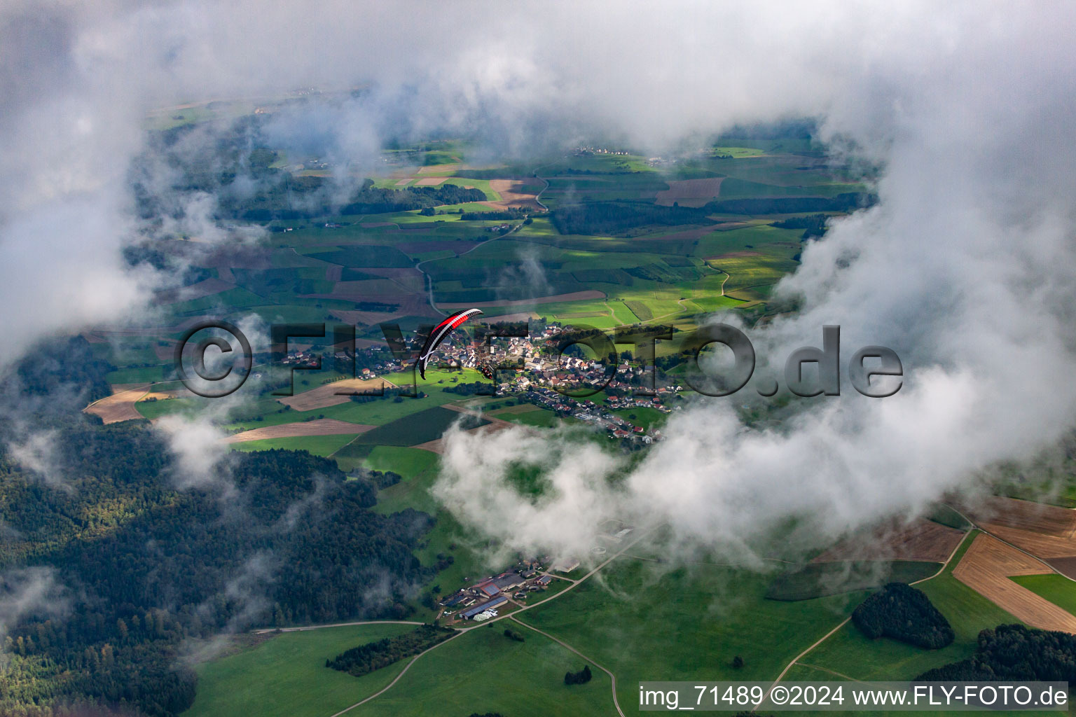 Place under clouds in the district Gallmannsweil in Mühlingen in the state Baden-Wuerttemberg, Germany