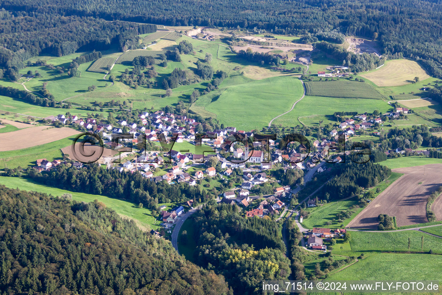 Village - view on the edge of agricultural fields and farmland in Hoppetenzell in the state Baden-Wurttemberg, Germany