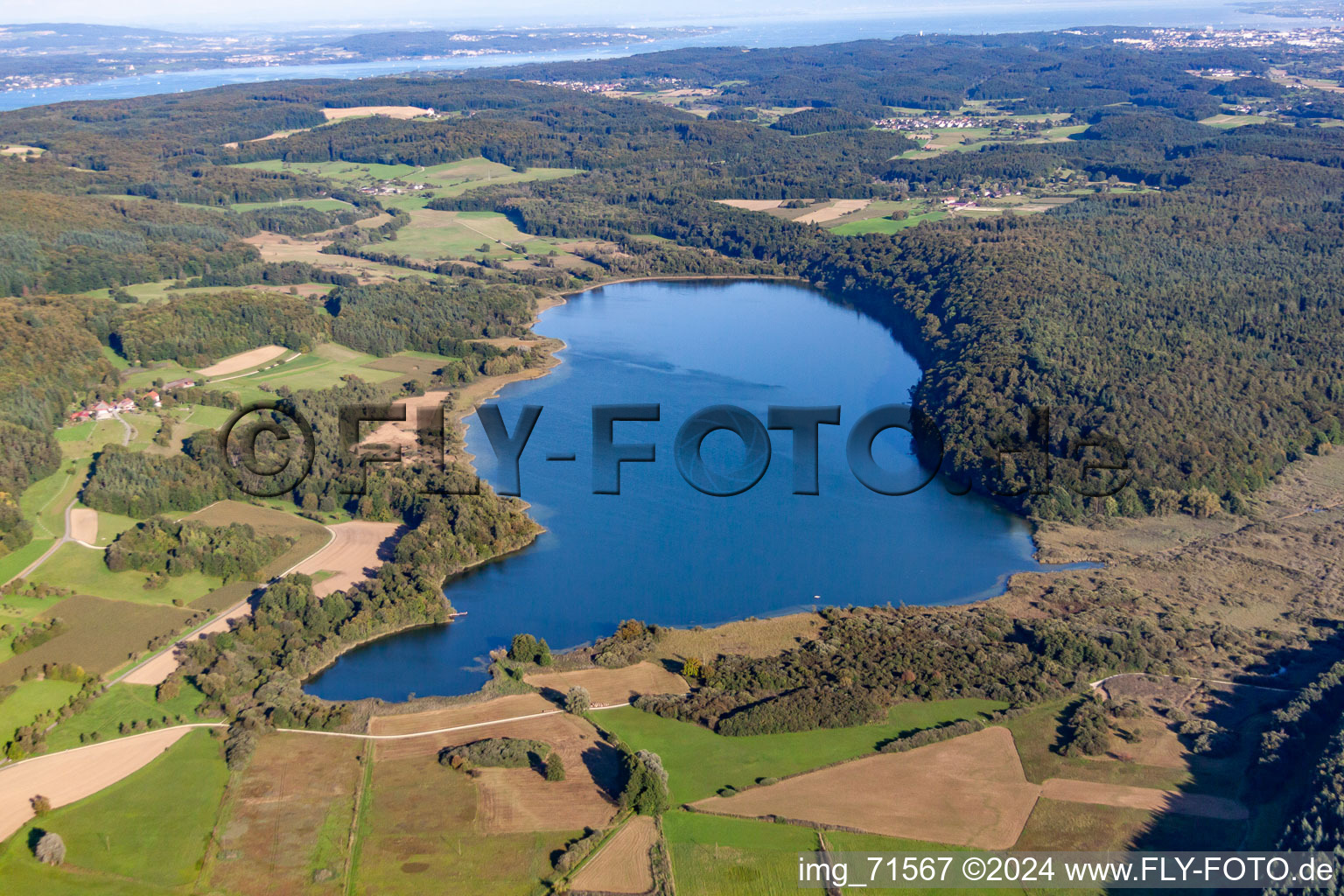 Aerial view of Lake Mindelsee in the district Markelfingen in Radolfzell am Bodensee in the state Baden-Wuerttemberg, Germany