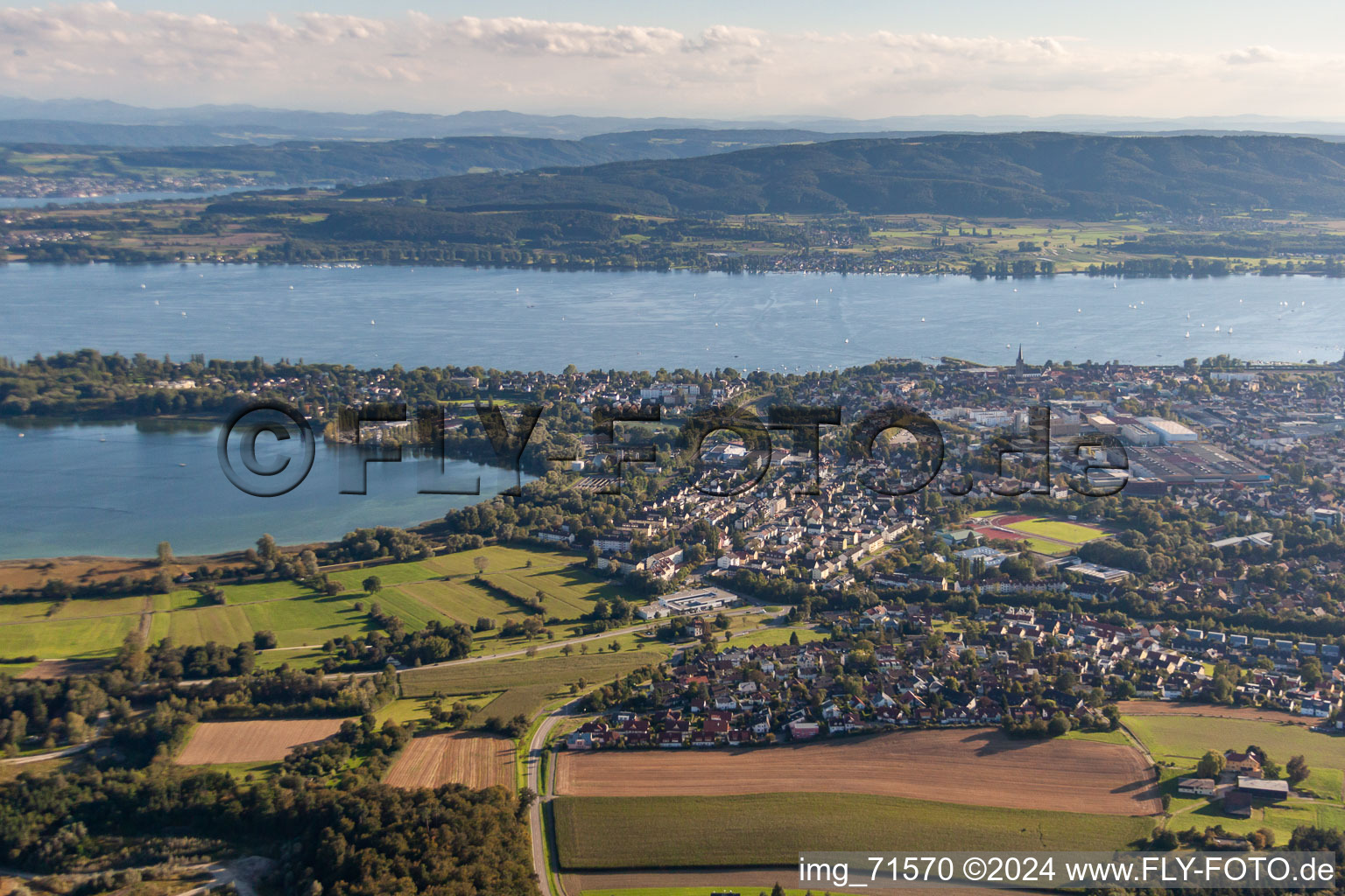 Aerial view of Village Radolfzell on the banks of the area Lake Constance in Radolfzell am Bodensee in the state Baden-Wurttemberg, Germany