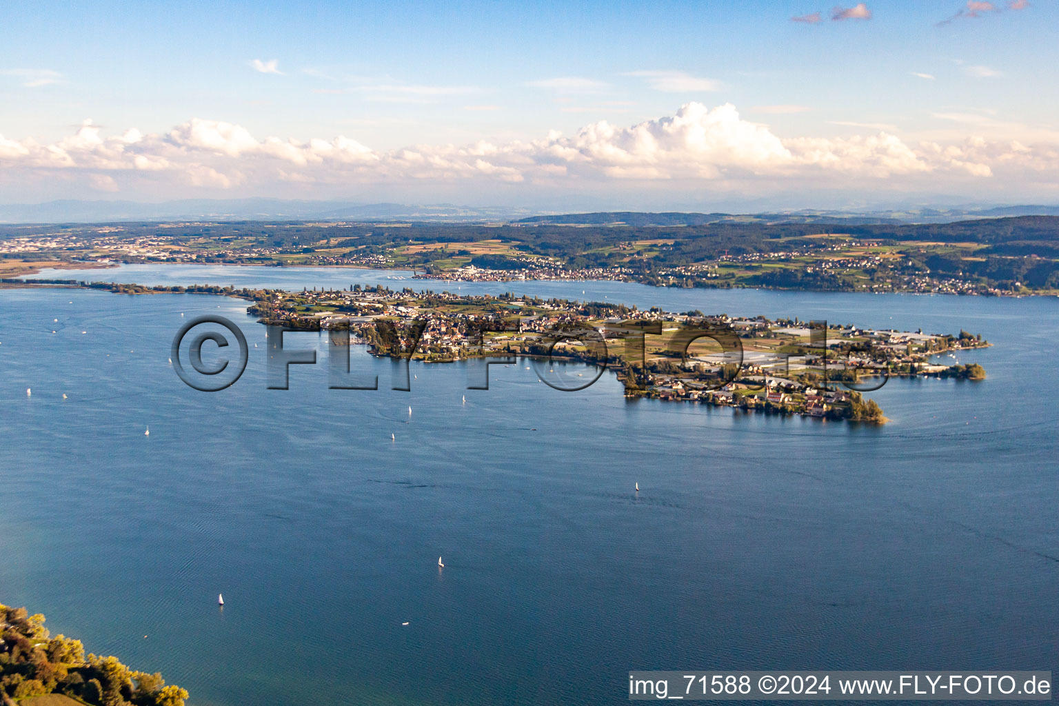 Aerial view of District Niederzell in Reichenau in the state Baden-Wuerttemberg, Germany