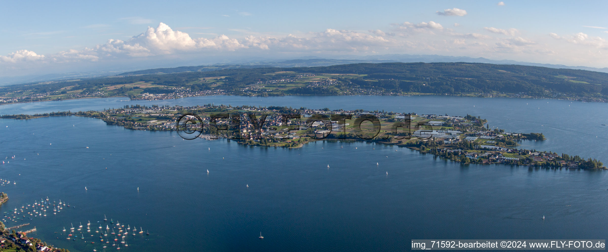 Aerial view of Panorama perspective of Lake Island Reichenau on the Lake Constance in the district Reichenau in Reichenau in the state Baden-Wurttemberg, Germany