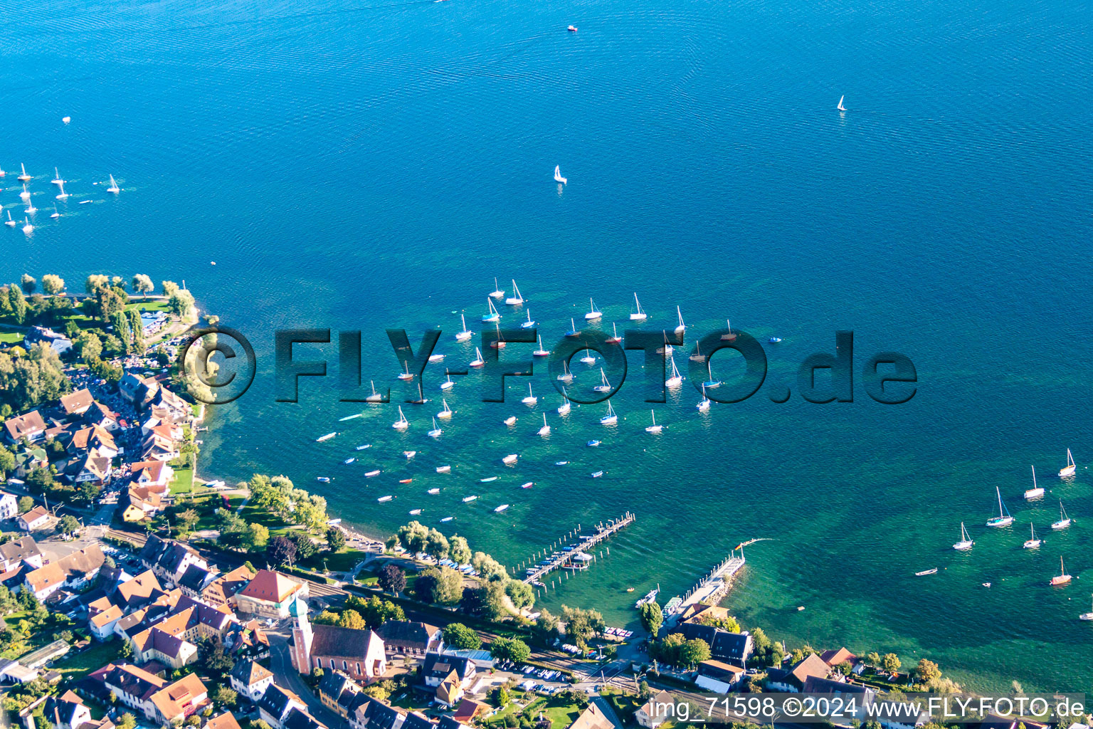 Aerial view of Sailboat pier in Allensbach in the state Baden-Wuerttemberg, Germany