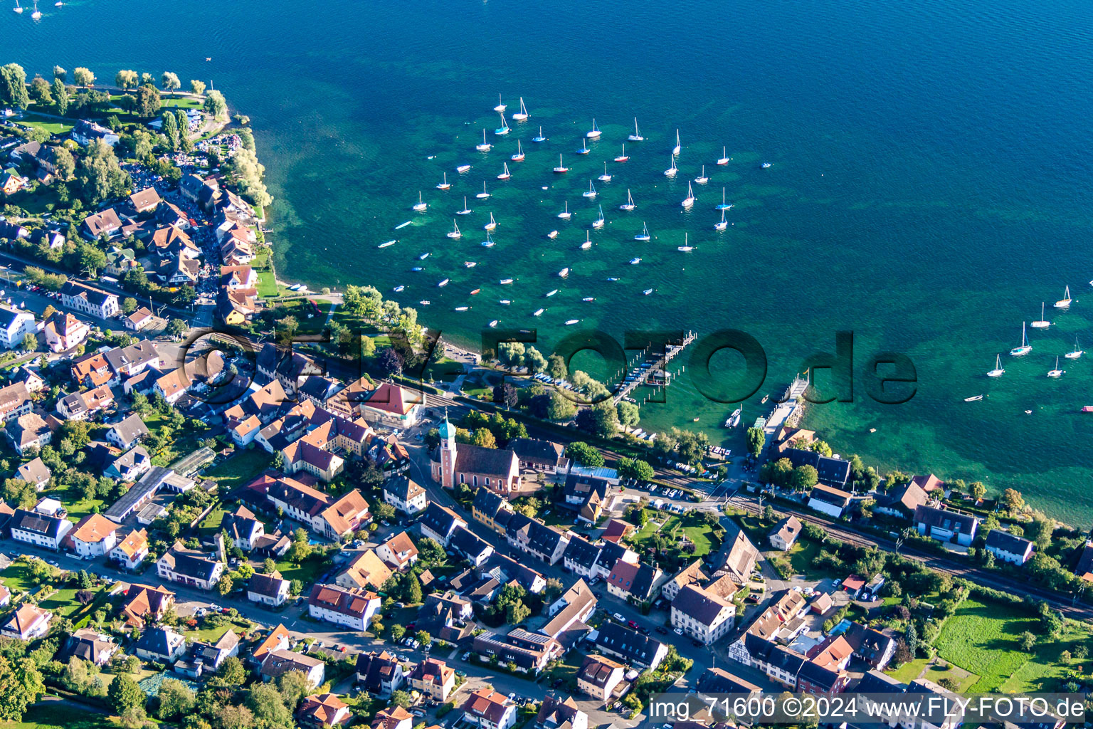 Aerial photograpy of Sailboat pier in Allensbach in the state Baden-Wuerttemberg, Germany