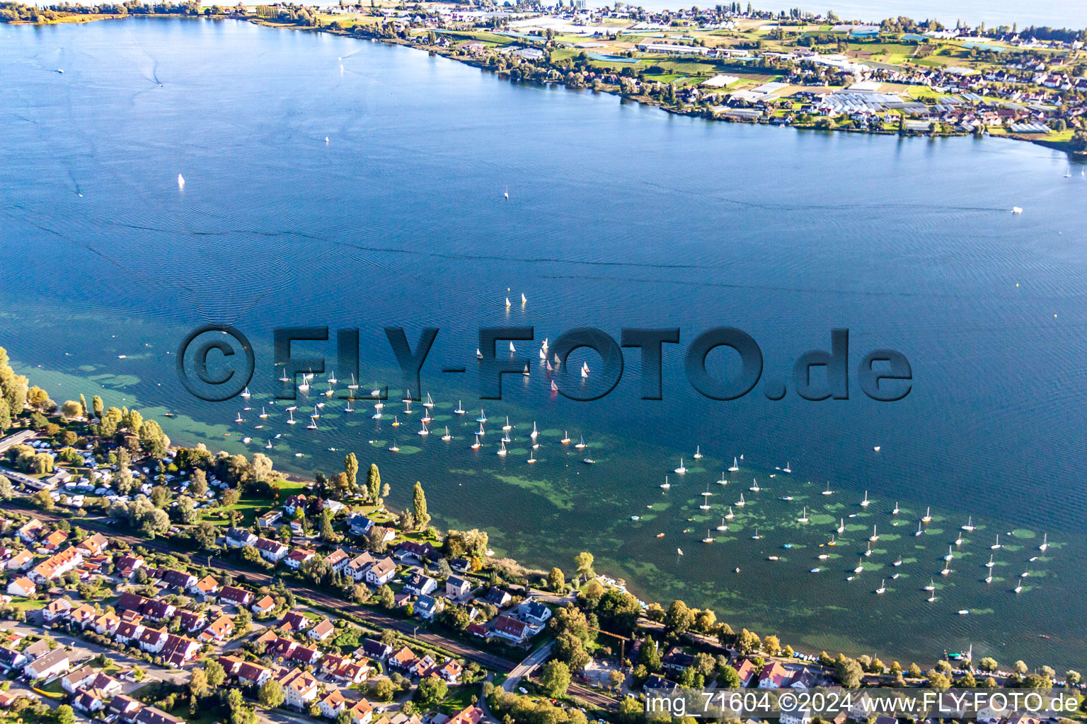 Sailboat pier in Allensbach in the state Baden-Wuerttemberg, Germany from above