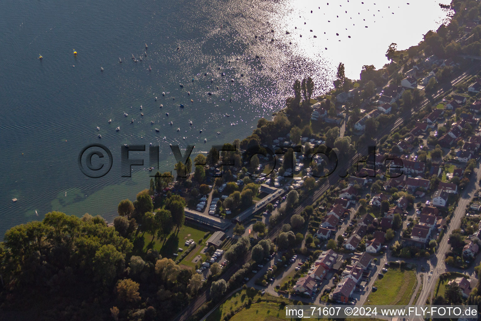 Aerial view of Camping by the lake in Allensbach in the state Baden-Wuerttemberg, Germany