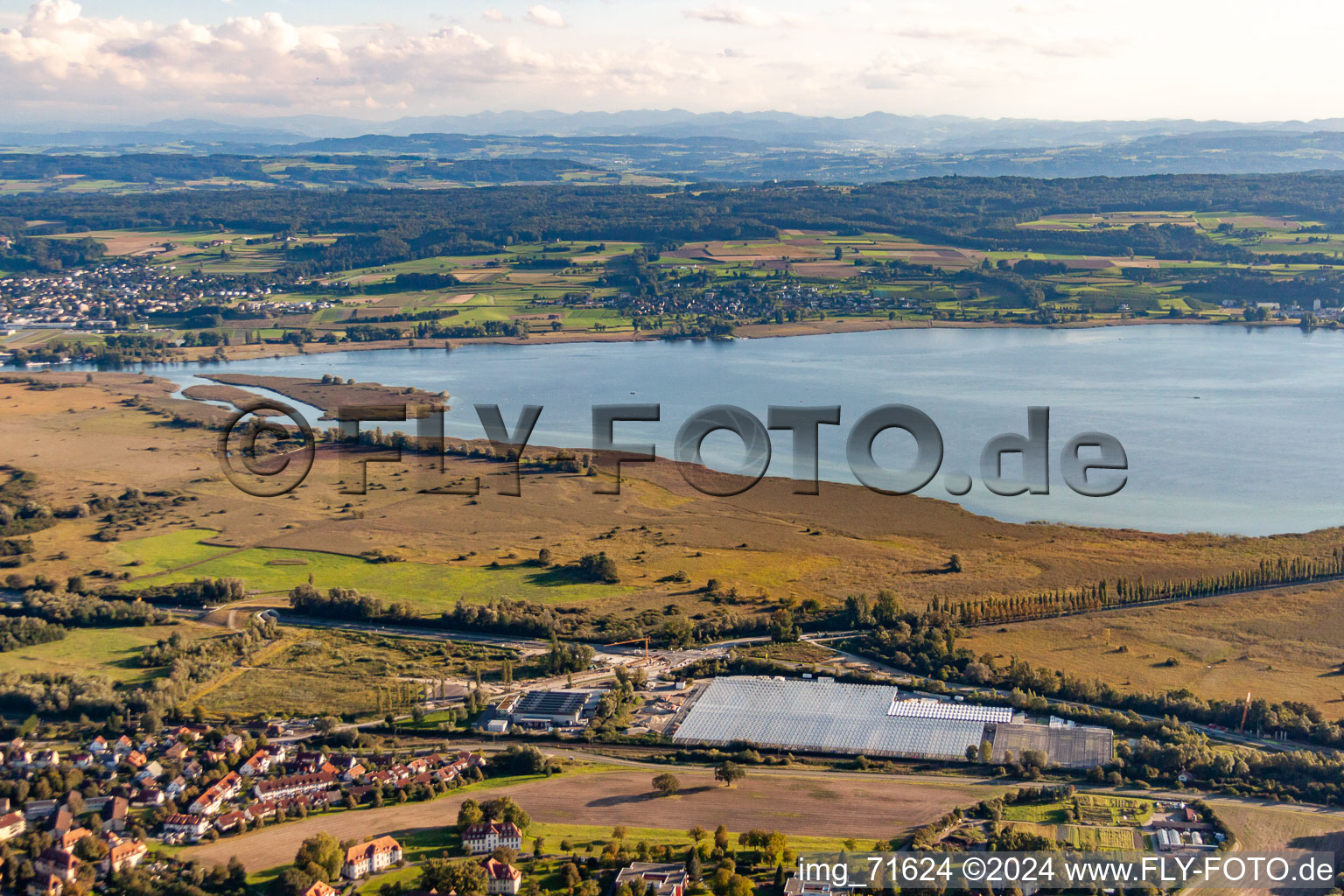 Aerial view of Wollmatinger Ried in the district Lindenbühl in Reichenau in the state Baden-Wuerttemberg, Germany