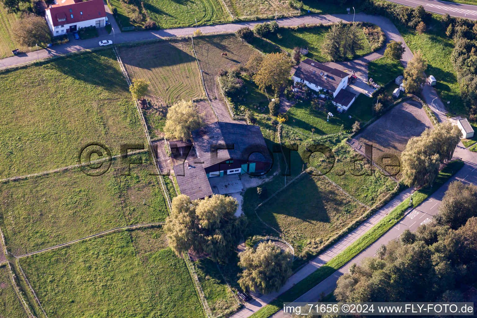 Aerial view of Lilly'S Riding Stable in the district Wollmatingen in Konstanz in the state Baden-Wuerttemberg, Germany