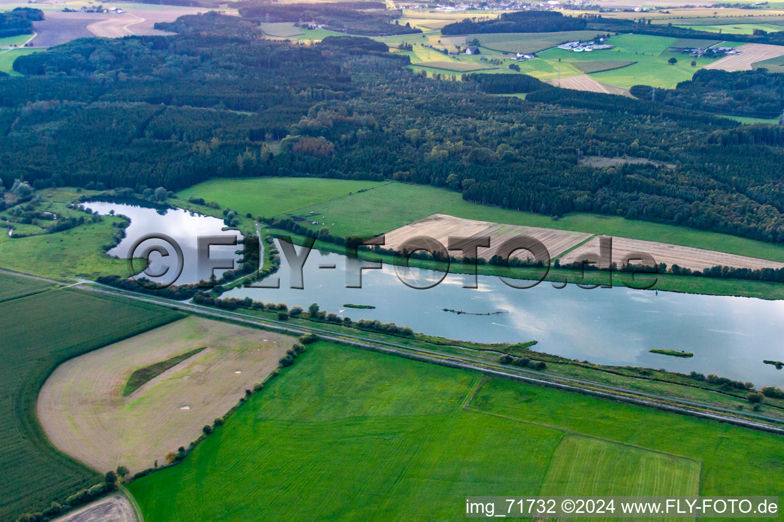 Aerial view of Sauldorf quarry ponds in Sauldorf in the state Baden-Wuerttemberg, Germany