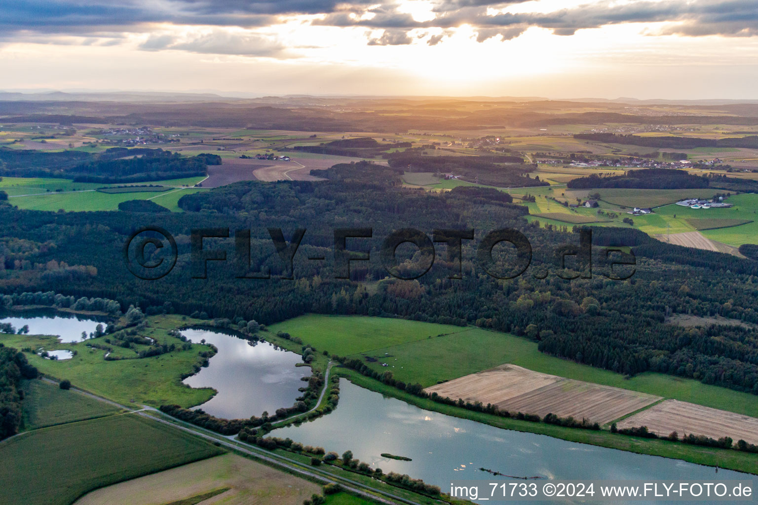 Aerial photograpy of Sauldorf quarry ponds in Sauldorf in the state Baden-Wuerttemberg, Germany