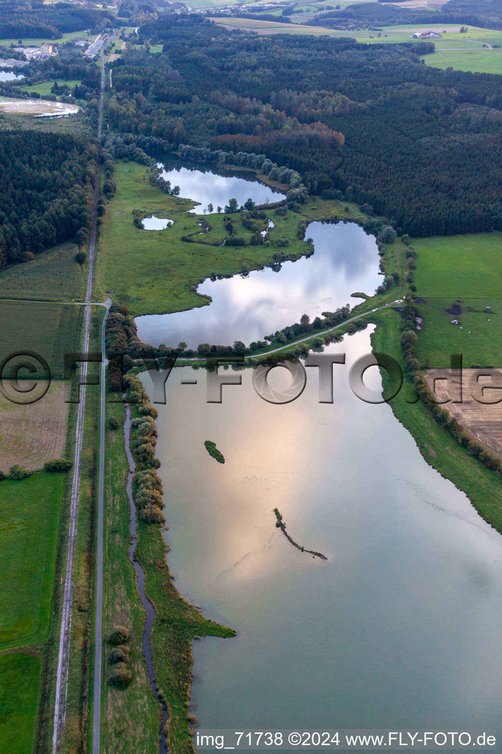 Oblique view of Sauldorf quarry ponds in Sauldorf in the state Baden-Wuerttemberg, Germany