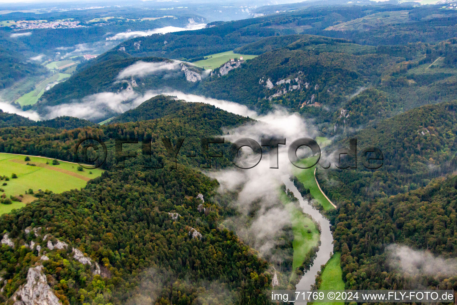 Bird's eye view of Danube Gorge in Fridingen an der Donau in the state Baden-Wuerttemberg, Germany