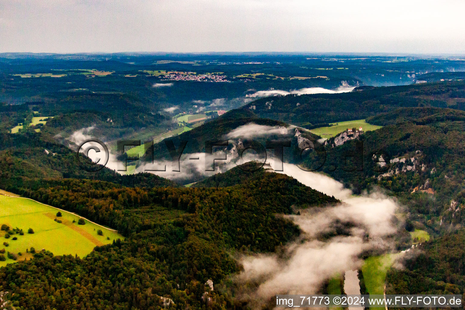 Danube Gorge in Fridingen an der Donau in the state Baden-Wuerttemberg, Germany from the drone perspective