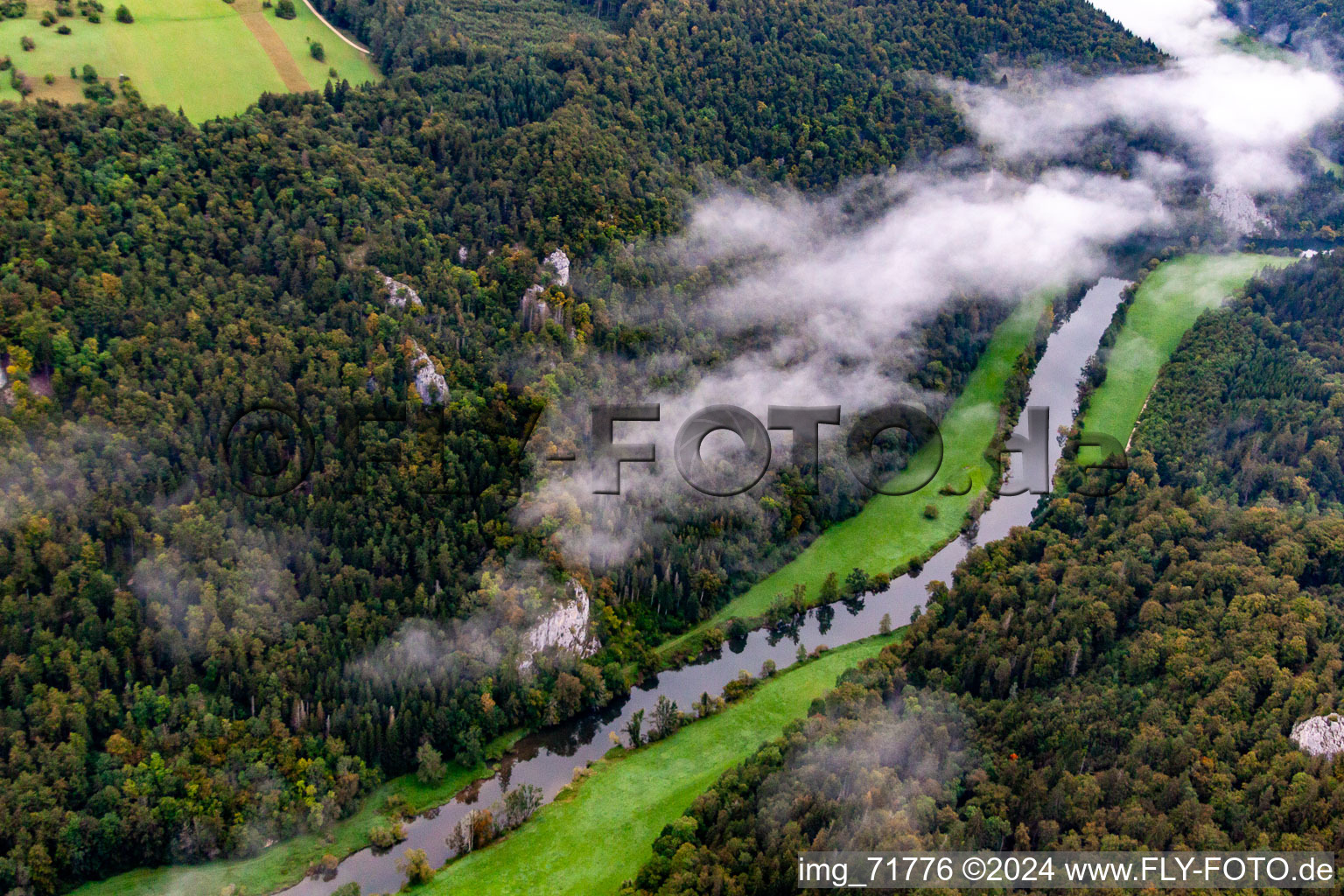 Danube Gorge in Fridingen an der Donau in the state Baden-Wuerttemberg, Germany from a drone