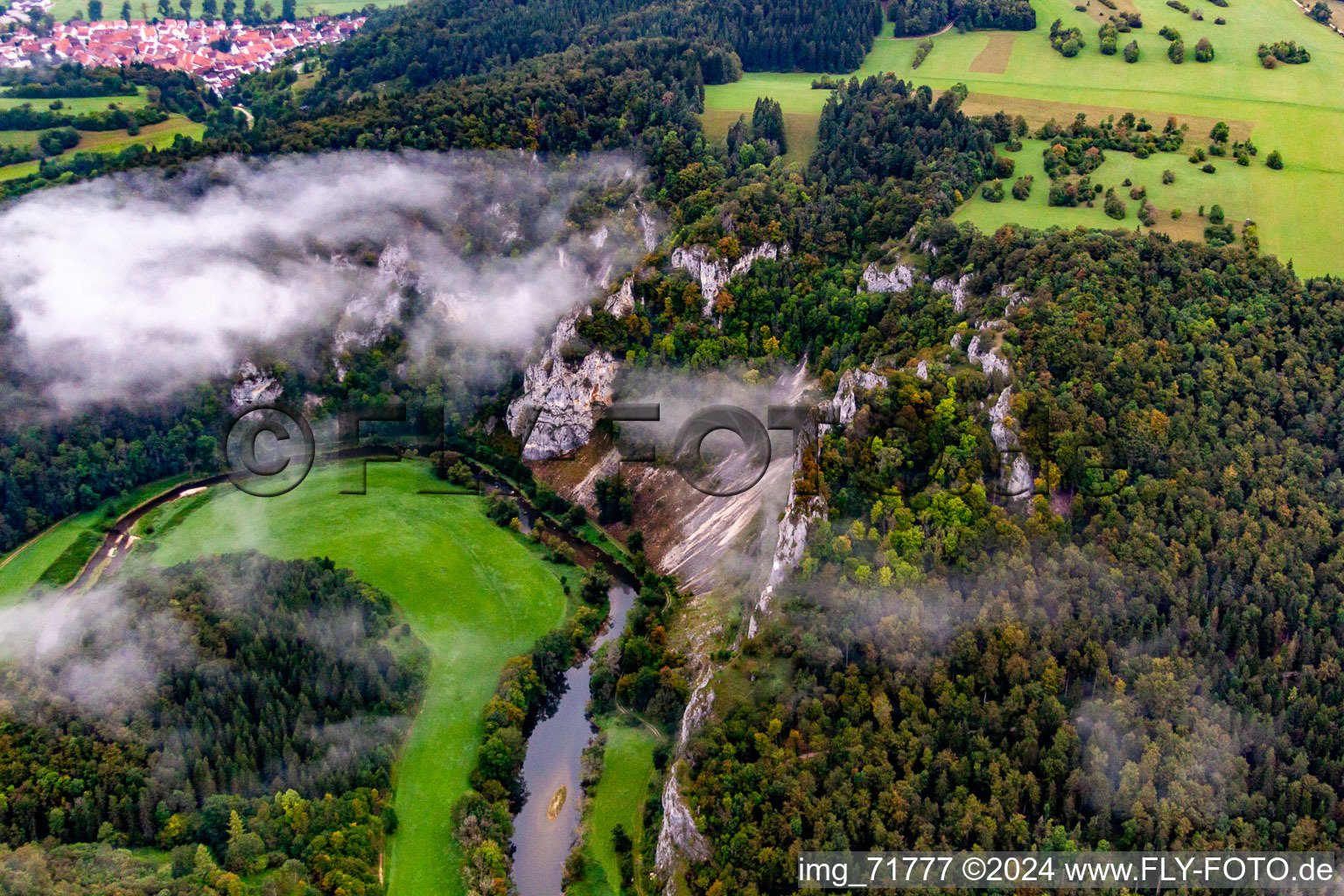 Oblique view of Danube breakthrough in Buchheim in the state Baden-Wuerttemberg, Germany