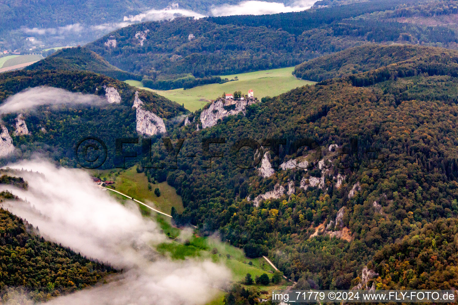 Danube Gorge in Fridingen an der Donau in the state Baden-Wuerttemberg, Germany seen from a drone