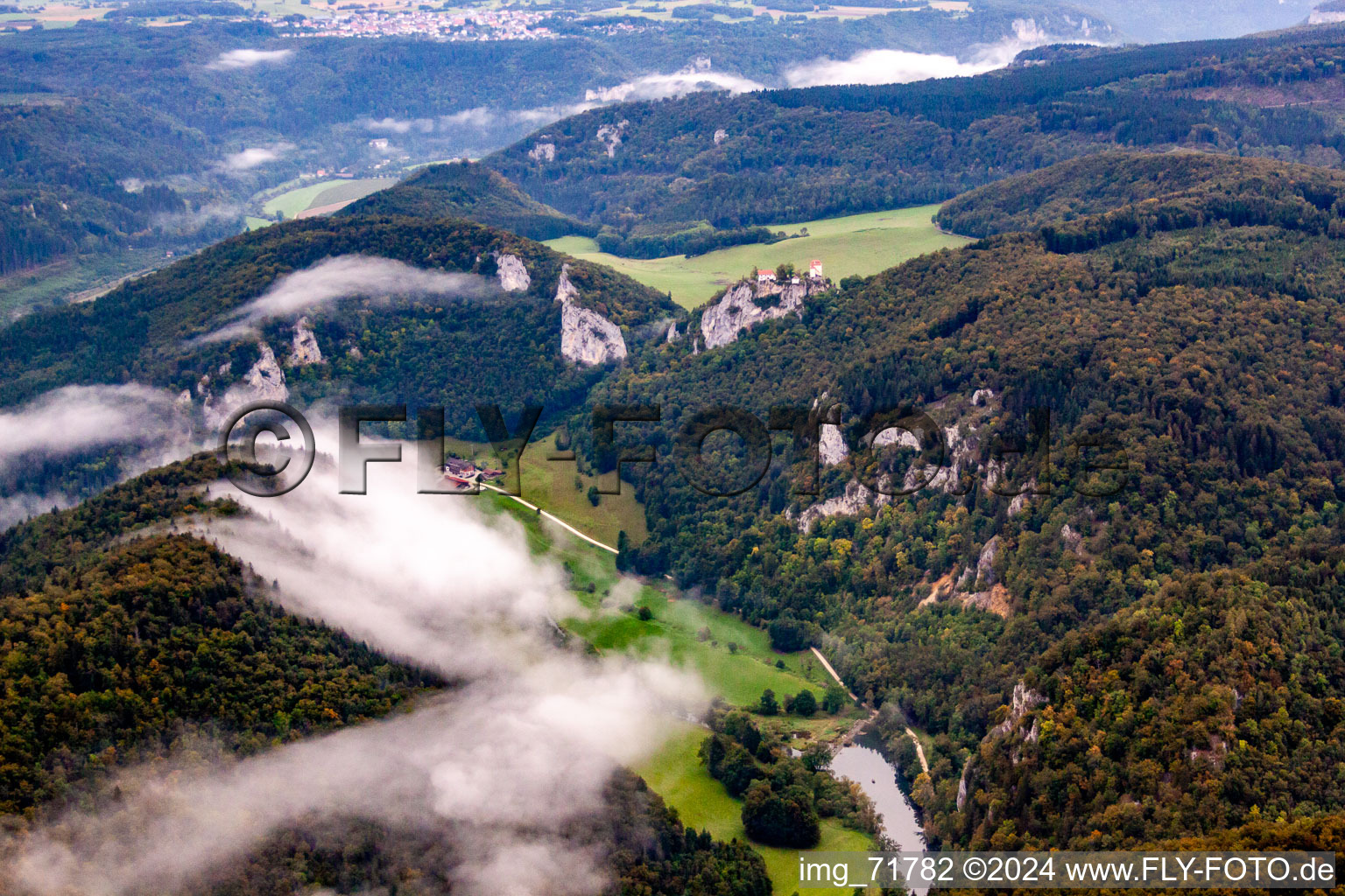 Aerial view of Danube Gorge in Fridingen an der Donau in the state Baden-Wuerttemberg, Germany