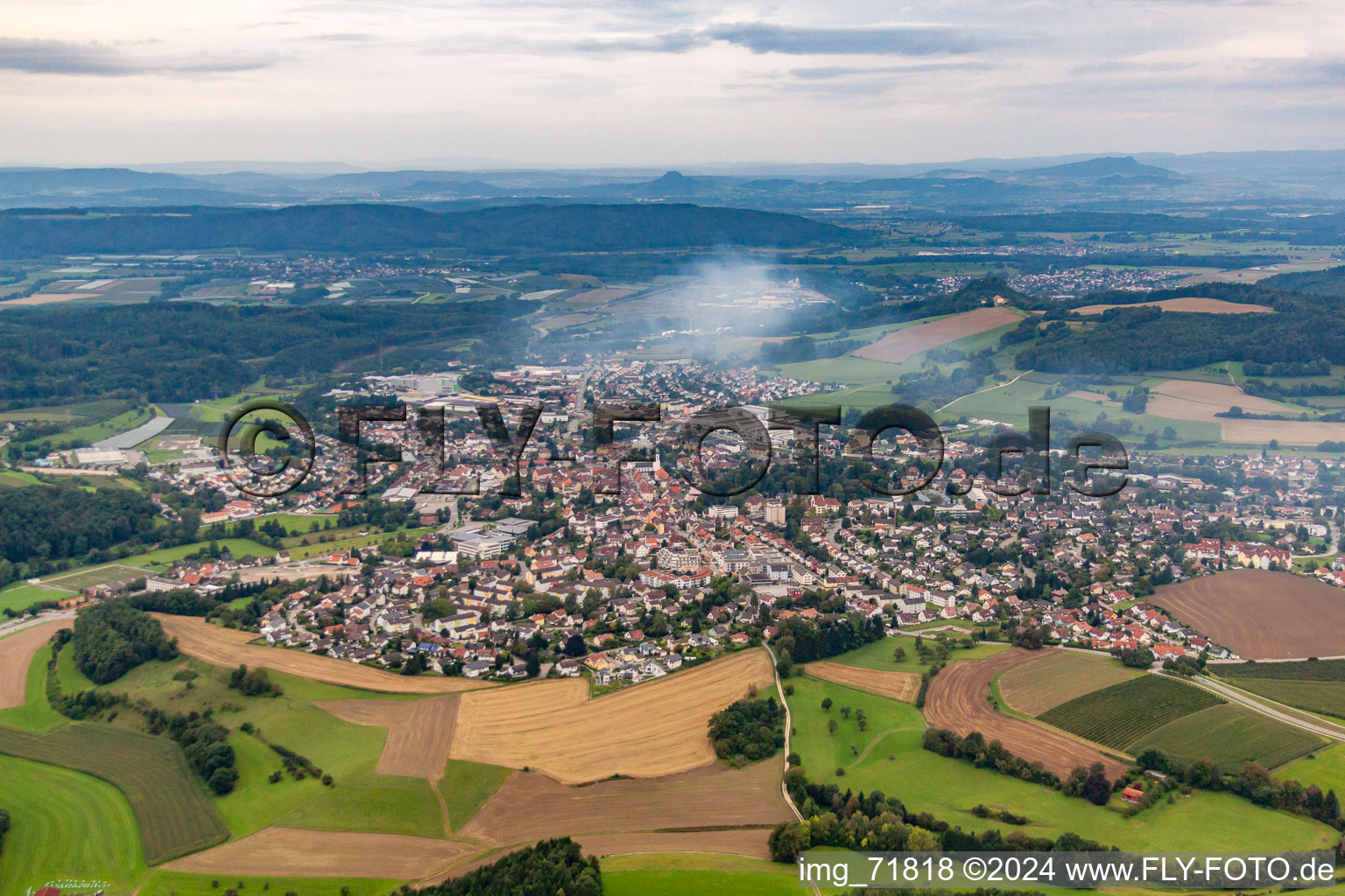 Town View of the streets and houses of the residential areas in morning fog in Stockach in the state Baden-Wurttemberg, Germany