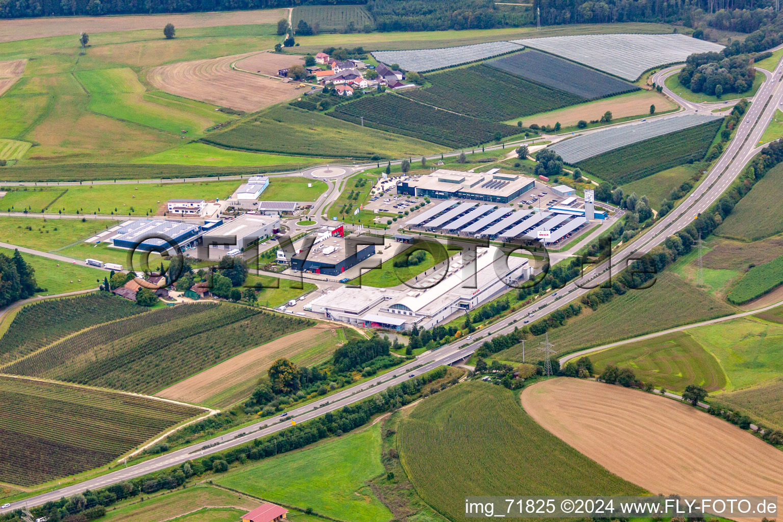 Industrial estate and company settlement with MEGA Stockach Das Fach-Zentrum for the Metzgerei and Gastronomie GmbH in Stockach in the state Baden-Wurttemberg, Germany