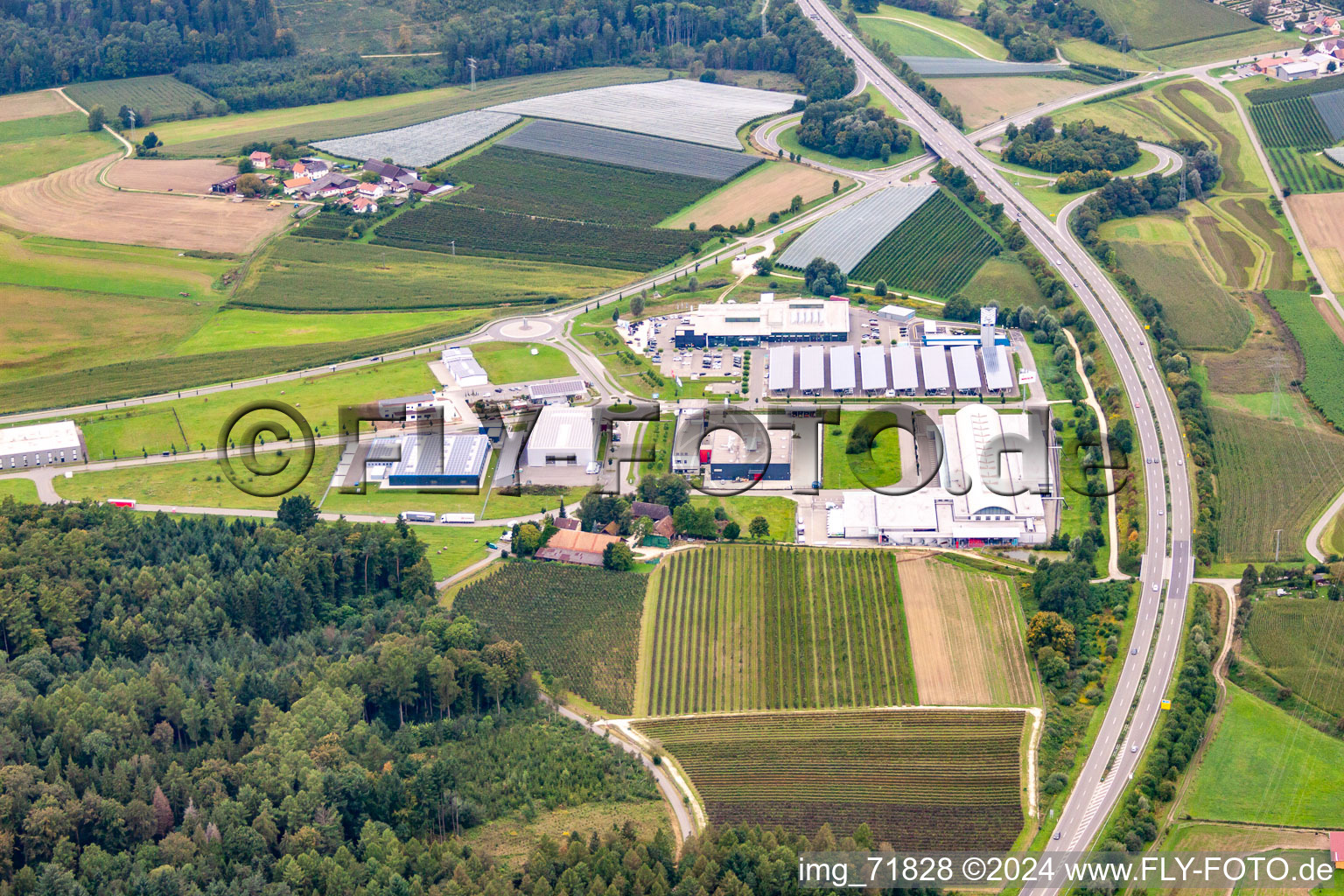 Aerial view of Industrial estate and company settlement with MEGA Stockach Das Fach-Zentrum for the Metzgerei and Gastronomie GmbH in Stockach in the state Baden-Wurttemberg, Germany