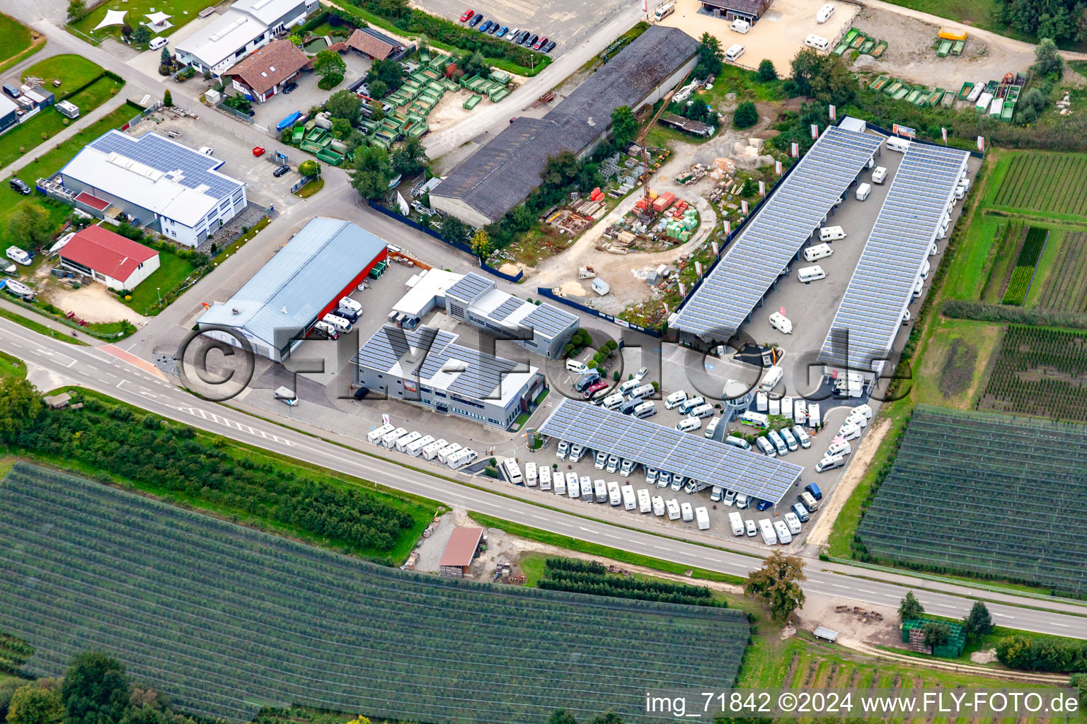 Aerial view of Burmeister Caravan Center in the district Ludwigshafen in Bodman-Ludwigshafen in the state Baden-Wuerttemberg, Germany