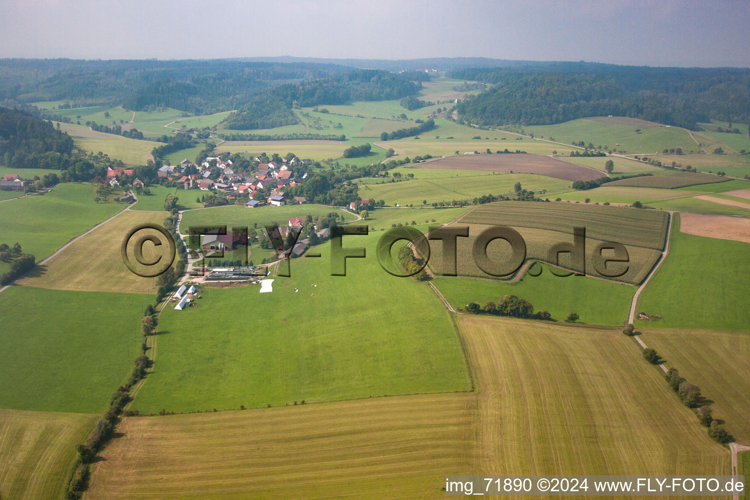 Oblique view of District Unterfischach in Obersontheim in the state Baden-Wuerttemberg, Germany