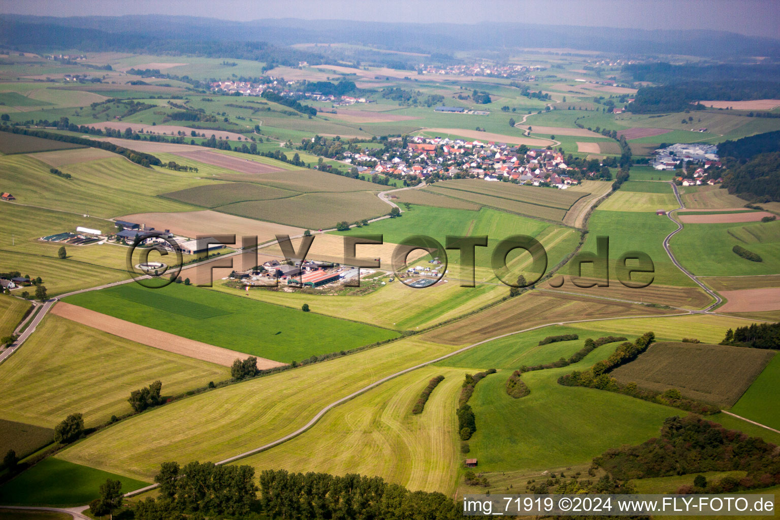 Aerial view of Mittelfischachtal UL Place in Mittelfischach in the state Baden-Wuerttemberg, Germany