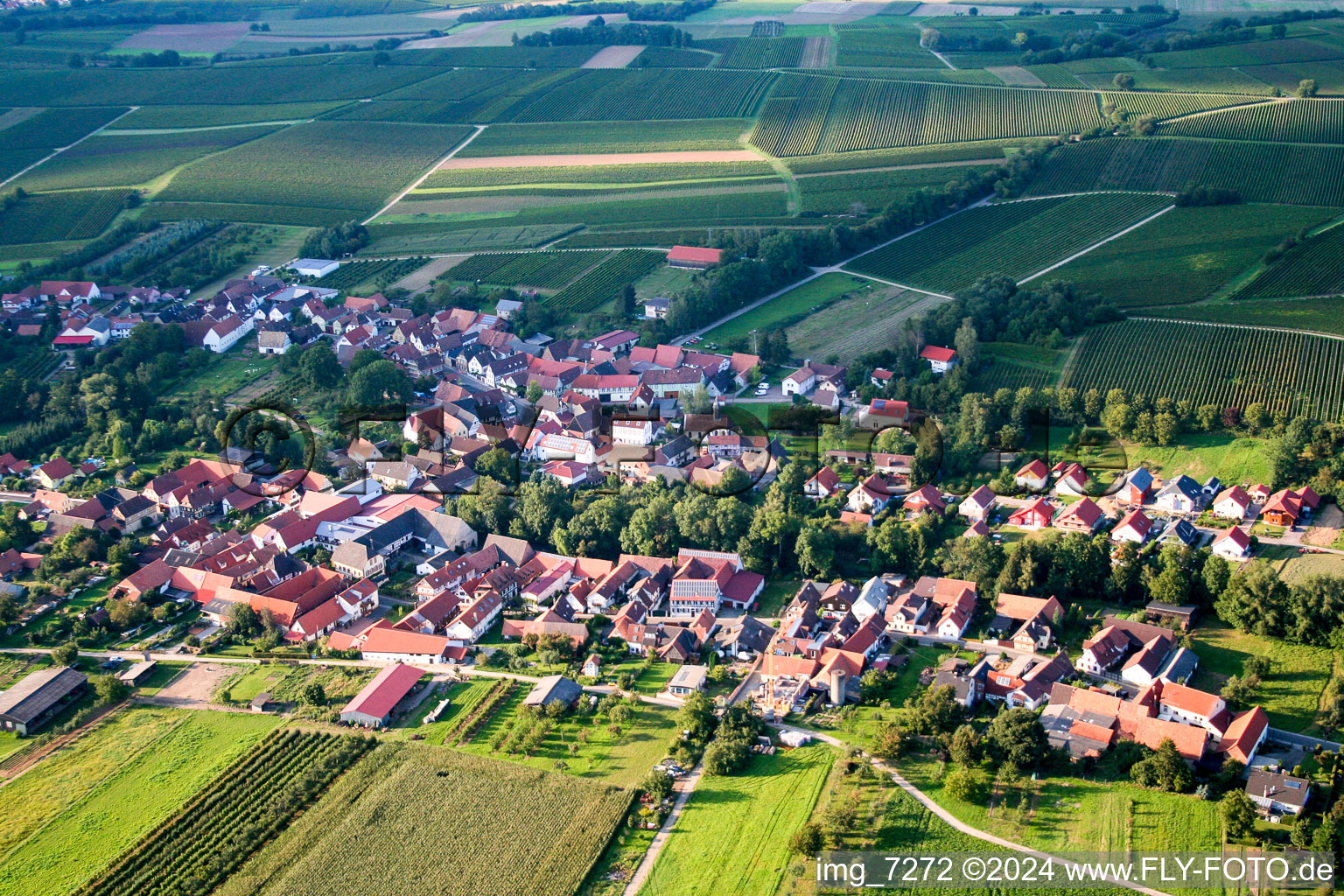 Aerial photograpy of Village - view on the edge of agricultural fields and farmland in Dierbach in the state Rhineland-Palatinate