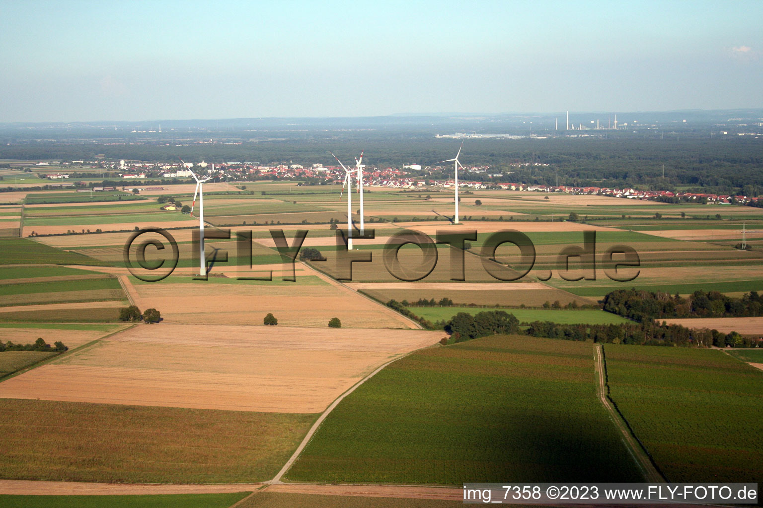 Wind turbines from the west in Minfeld in the state Rhineland-Palatinate, Germany