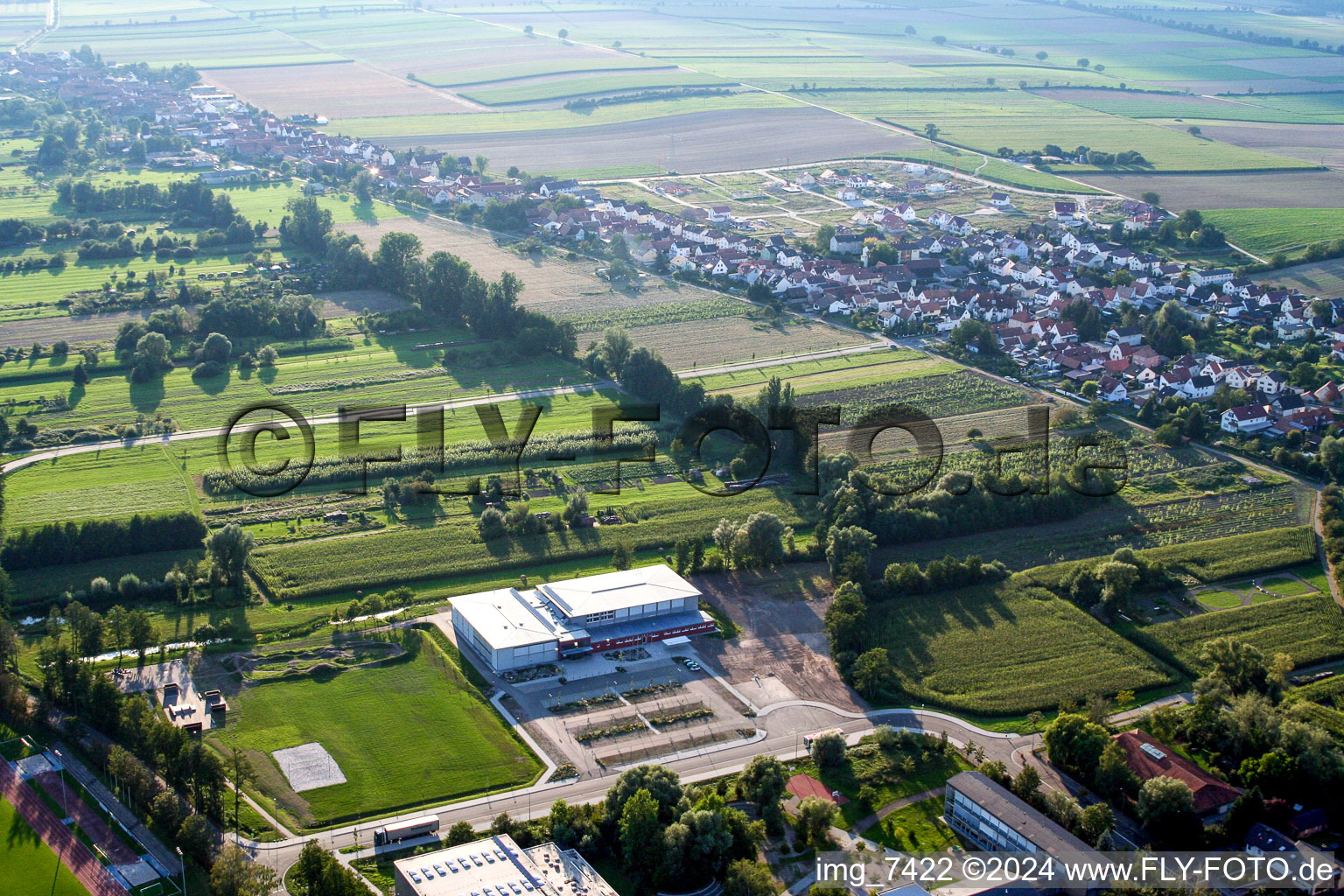 Aerial view of Multipurpose hall Bienwaldhalle in Kandel in the state Rhineland-Palatinate, Germany