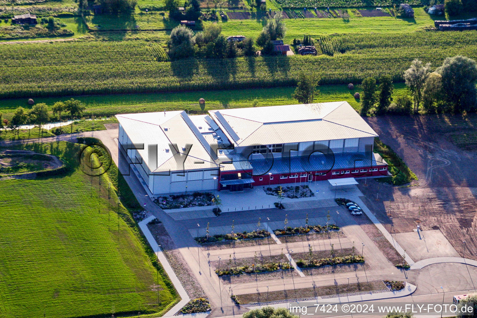 Aerial photograpy of Multipurpose hall Bienwaldhalle in Kandel in the state Rhineland-Palatinate, Germany