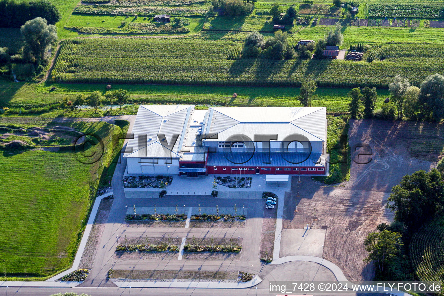 Oblique view of Multipurpose hall Bienwaldhalle in Kandel in the state Rhineland-Palatinate, Germany