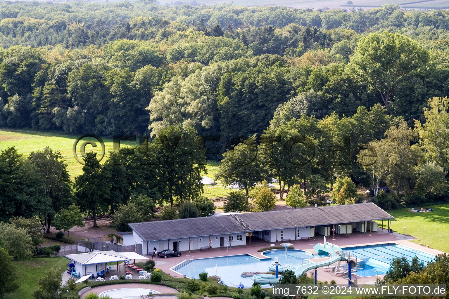 Forest swimming pool in Kandel in the state Rhineland-Palatinate, Germany seen from above