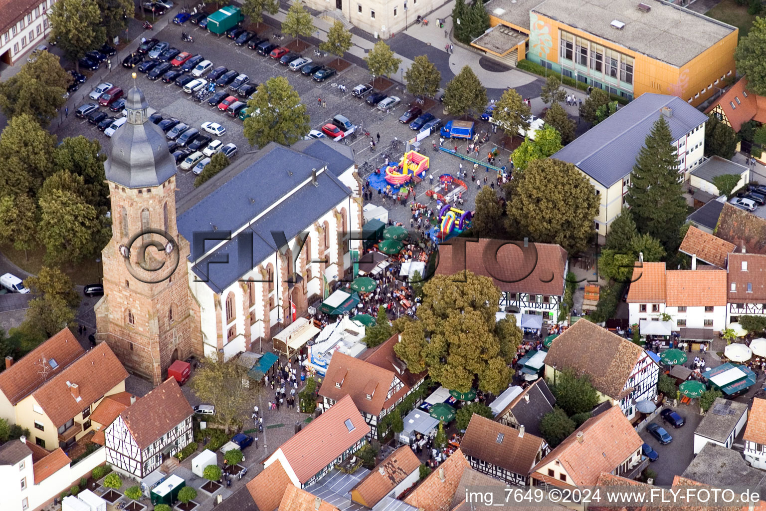 Aerial view of Church building in of  church at the market in Old Town- center of downtown in Kandel in the state Rhineland-Palatinate