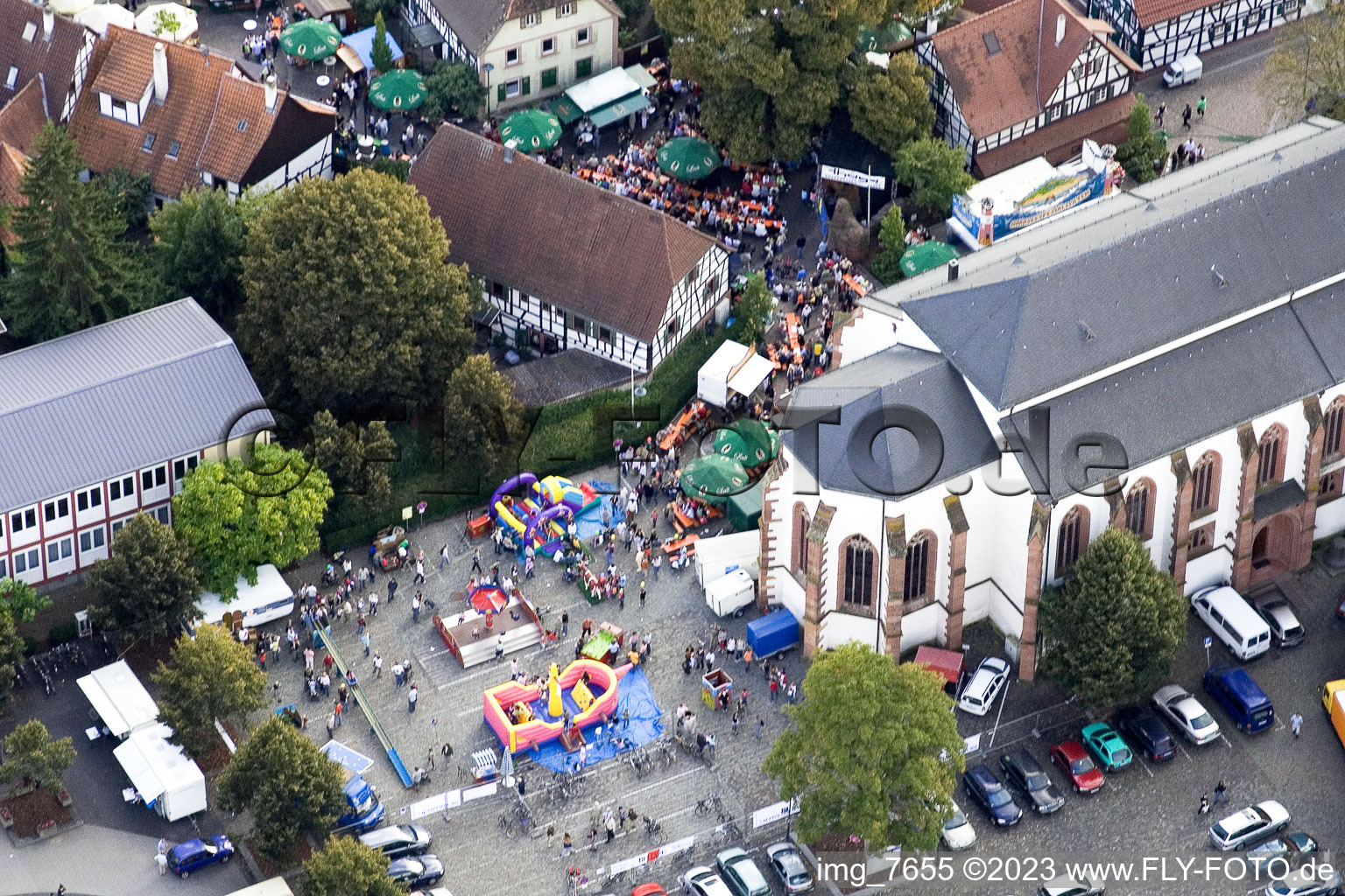 Aerial view of City festival, market square in Kandel in the state Rhineland-Palatinate, Germany