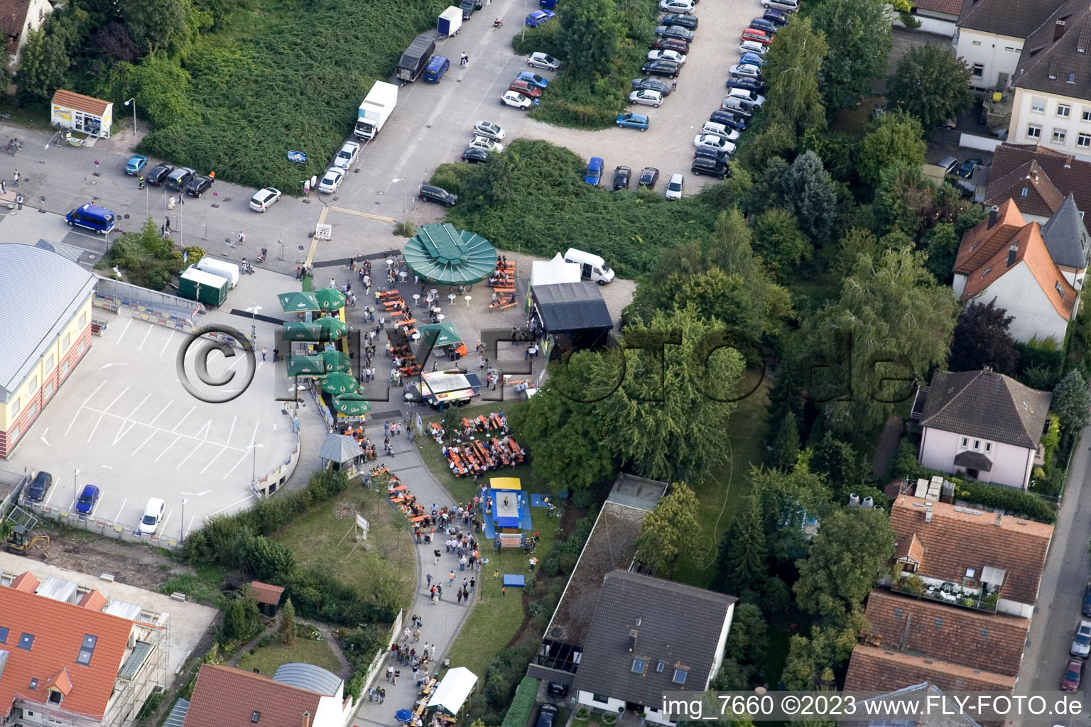 Aerial photograpy of City festival, community square in Kandel in the state Rhineland-Palatinate, Germany