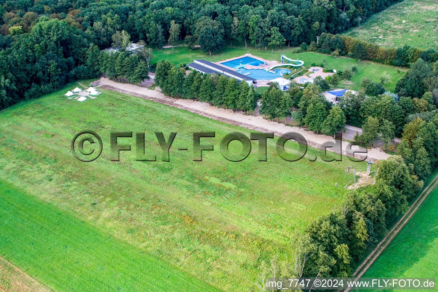 Aerial view of Giant zip line, Fun-Forest camp in Kandel in the state Rhineland-Palatinate, Germany