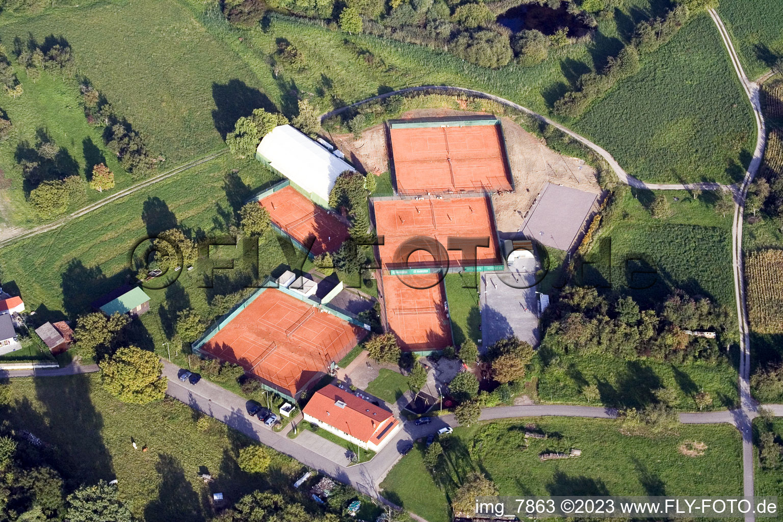 Aerial view of Tennis club in the district Maximiliansau in Wörth am Rhein in the state Rhineland-Palatinate, Germany