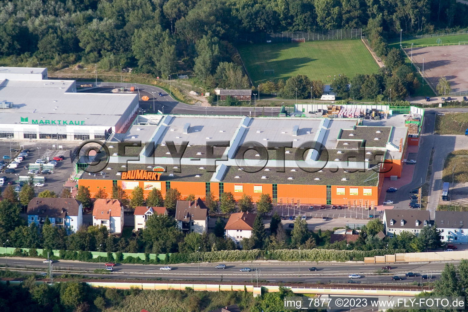 Aerial view of Retail center in the district Maximiliansau in Wörth am Rhein in the state Rhineland-Palatinate, Germany