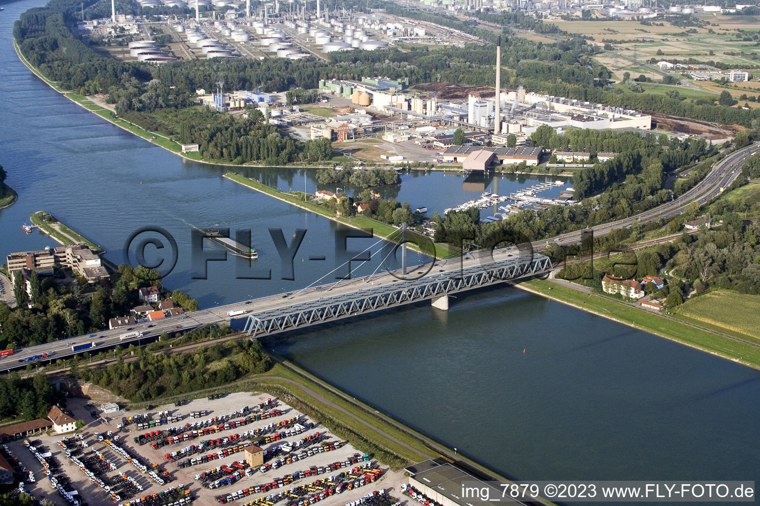 Aerial photograpy of Rhine bridge in the district Maximiliansau in Wörth am Rhein in the state Rhineland-Palatinate, Germany