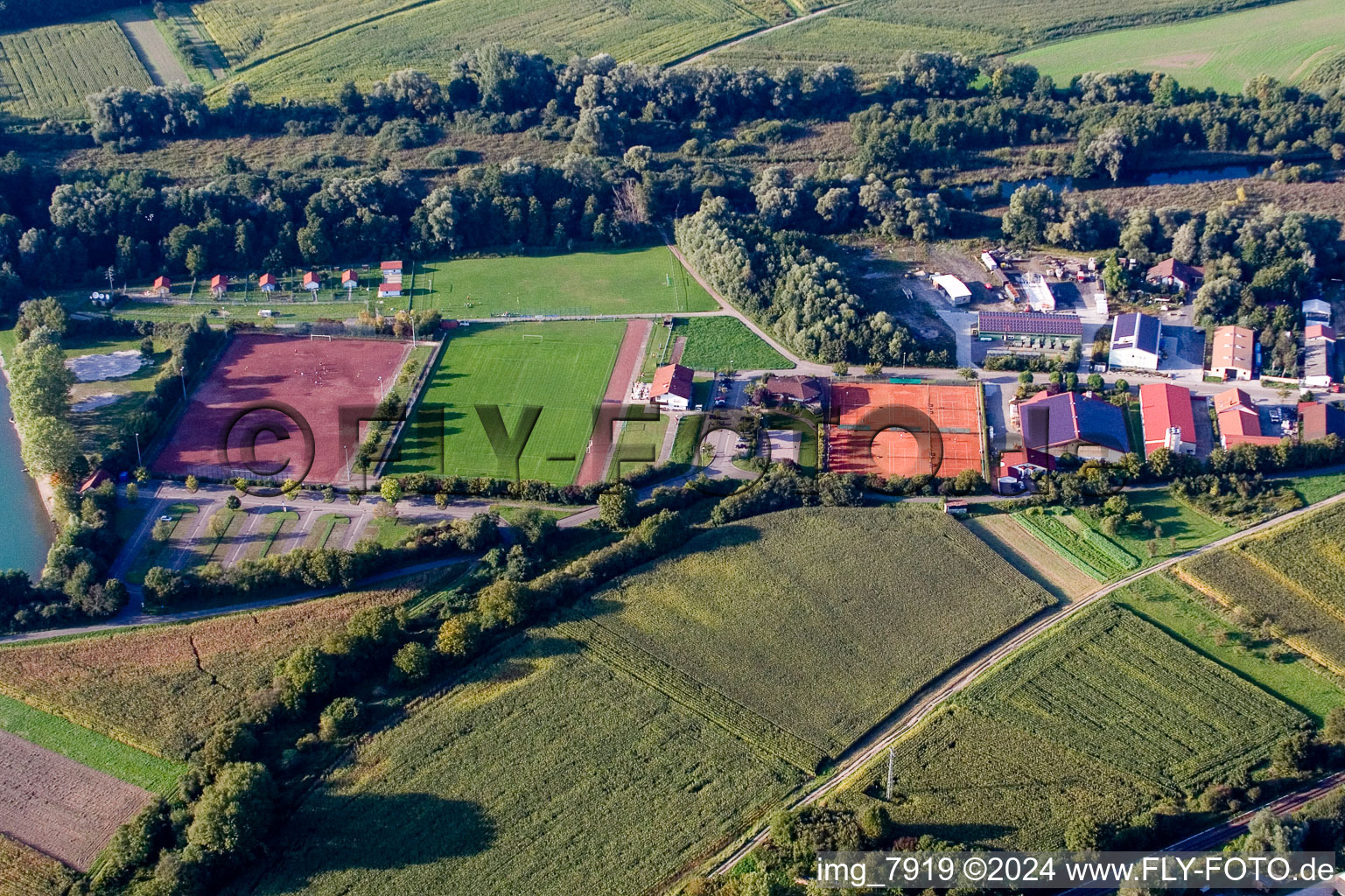 Aerial view of Sports fields in the district Neuburg in Neuburg am Rhein in the state Rhineland-Palatinate, Germany