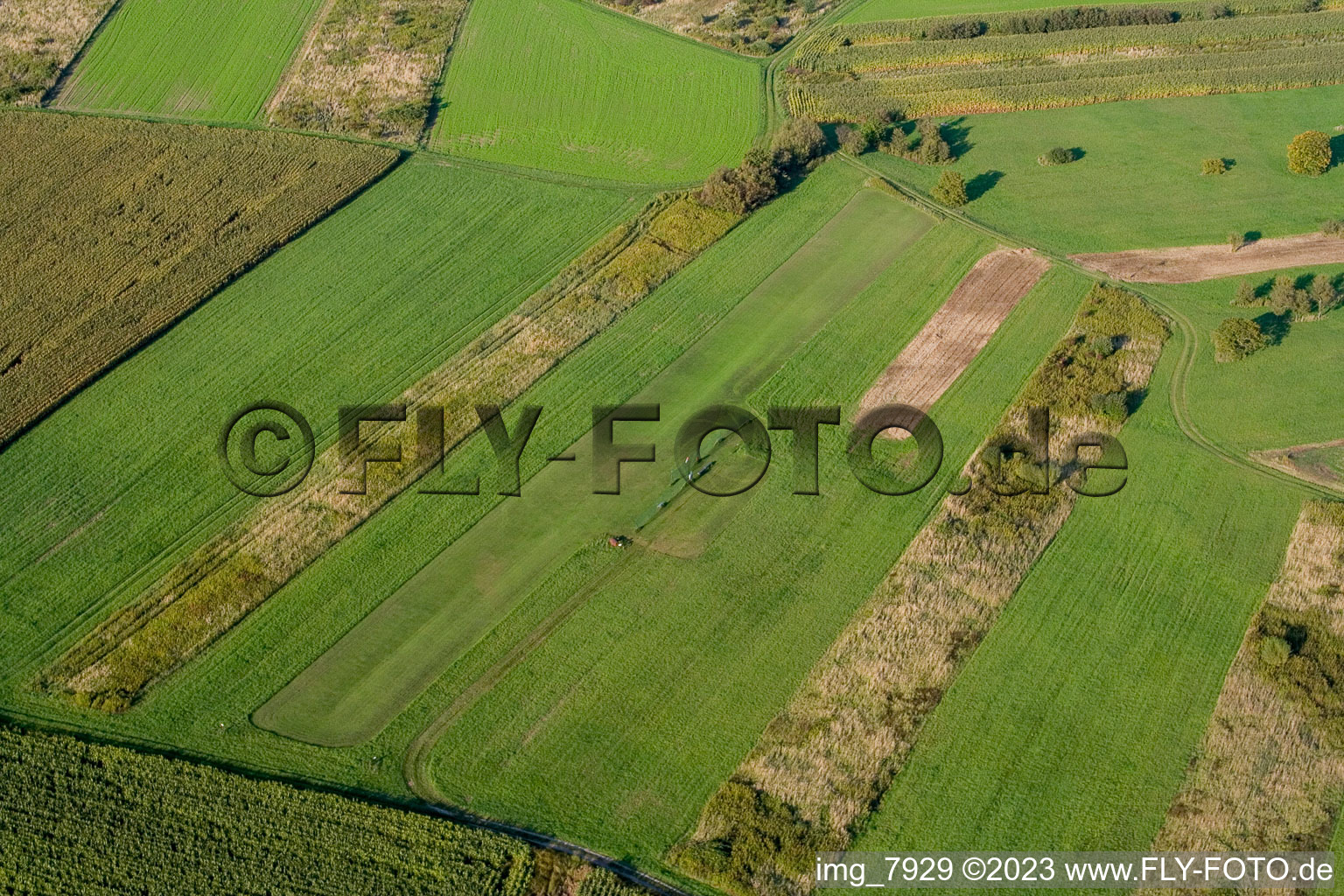 Aerial view of Model airfield in Neuburg in the state Rhineland-Palatinate, Germany