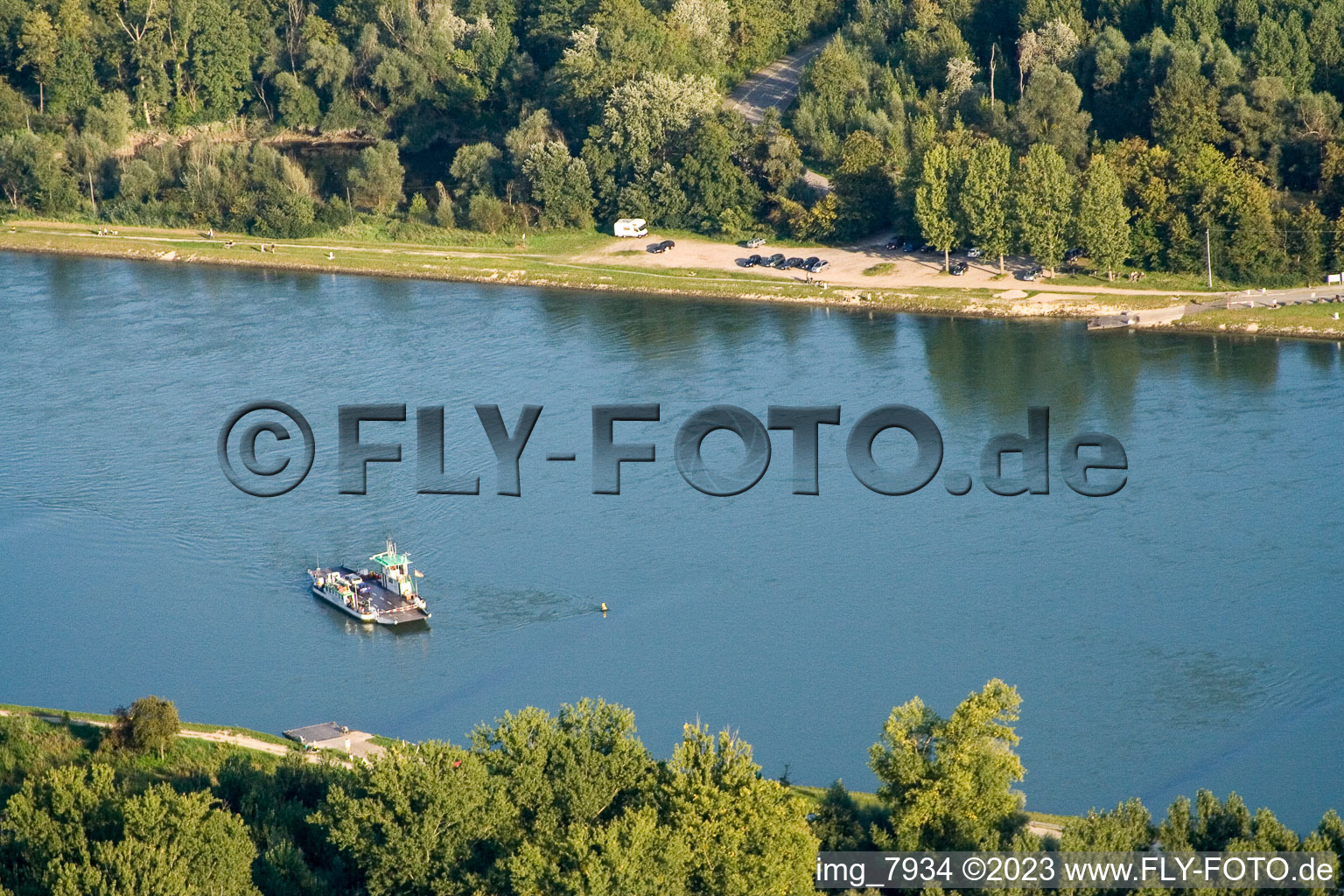 Aerial photograpy of Rhine ferry to Neuburgweier in Neuburg in the state Rhineland-Palatinate, Germany