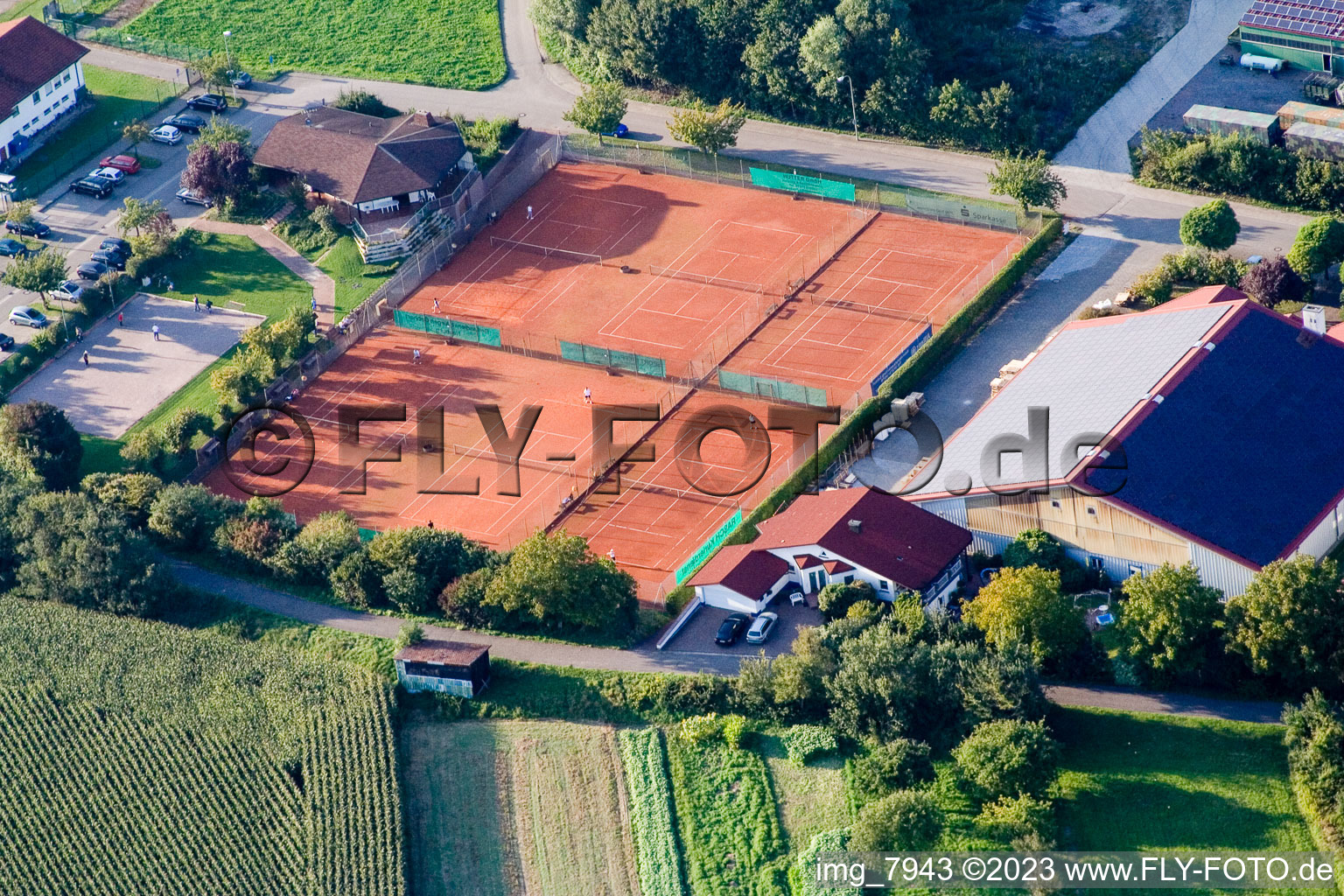 Aerial view of Tennis club in Neuburg in the state Rhineland-Palatinate, Germany