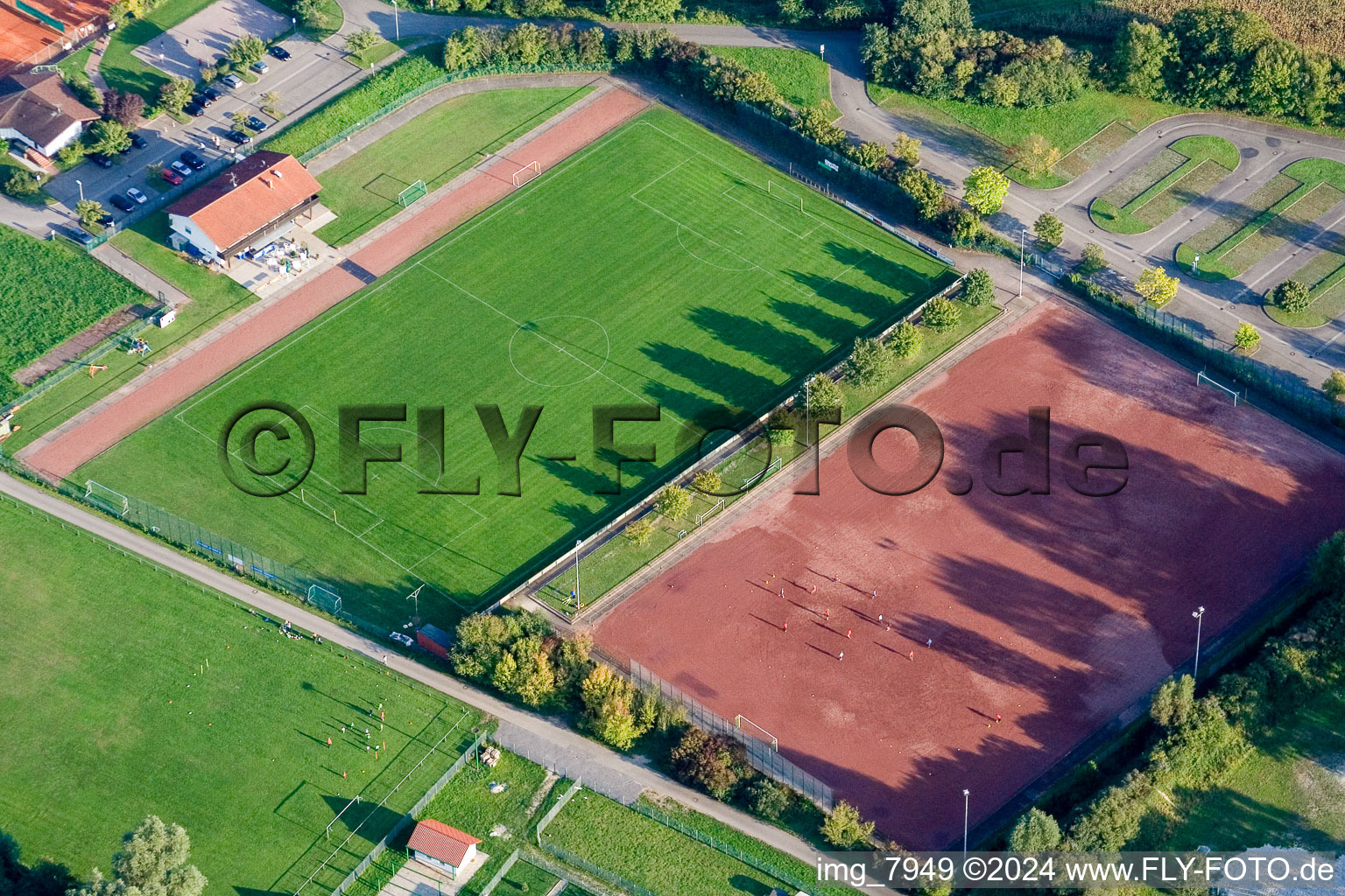 Aerial photograpy of Sports fields in the district Neuburg in Neuburg am Rhein in the state Rhineland-Palatinate, Germany