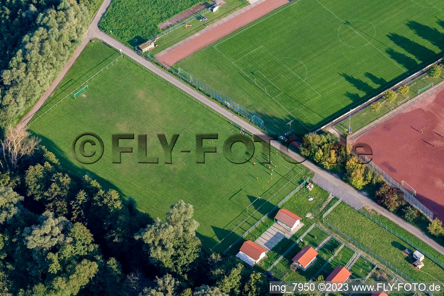 Oblique view of Sports fields in Neuburg in the state Rhineland-Palatinate, Germany