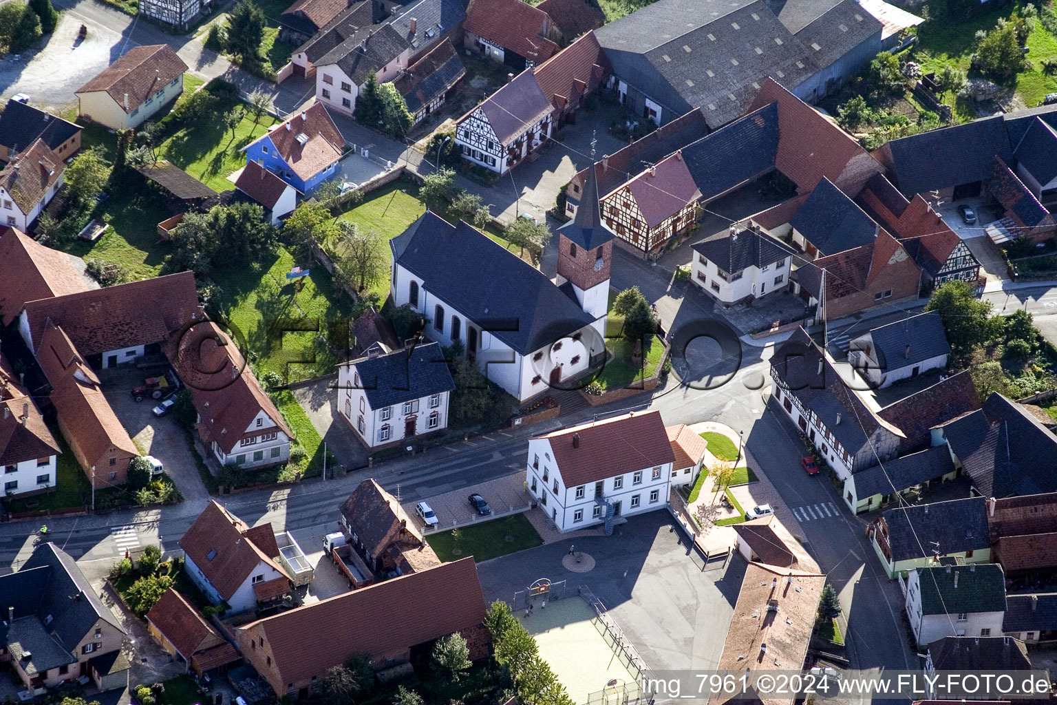 Aerial view of Church building in the village of in Salmbach in Grand Est, France