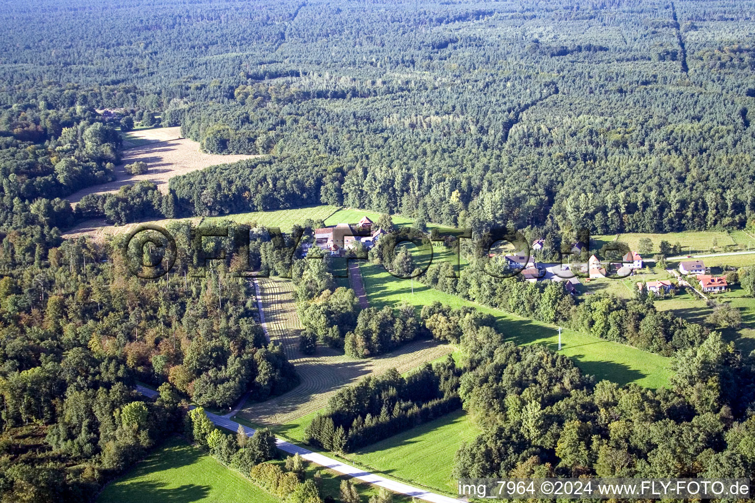 Bienwaldmühle in the state Rhineland-Palatinate, Germany seen from a drone